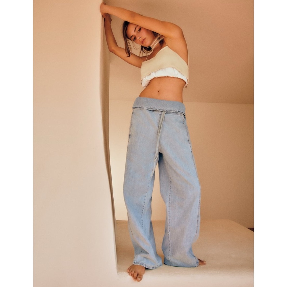 Zara TRF Gathered Waist Baggy Wide Leg Denim Pants Jeans sz 4